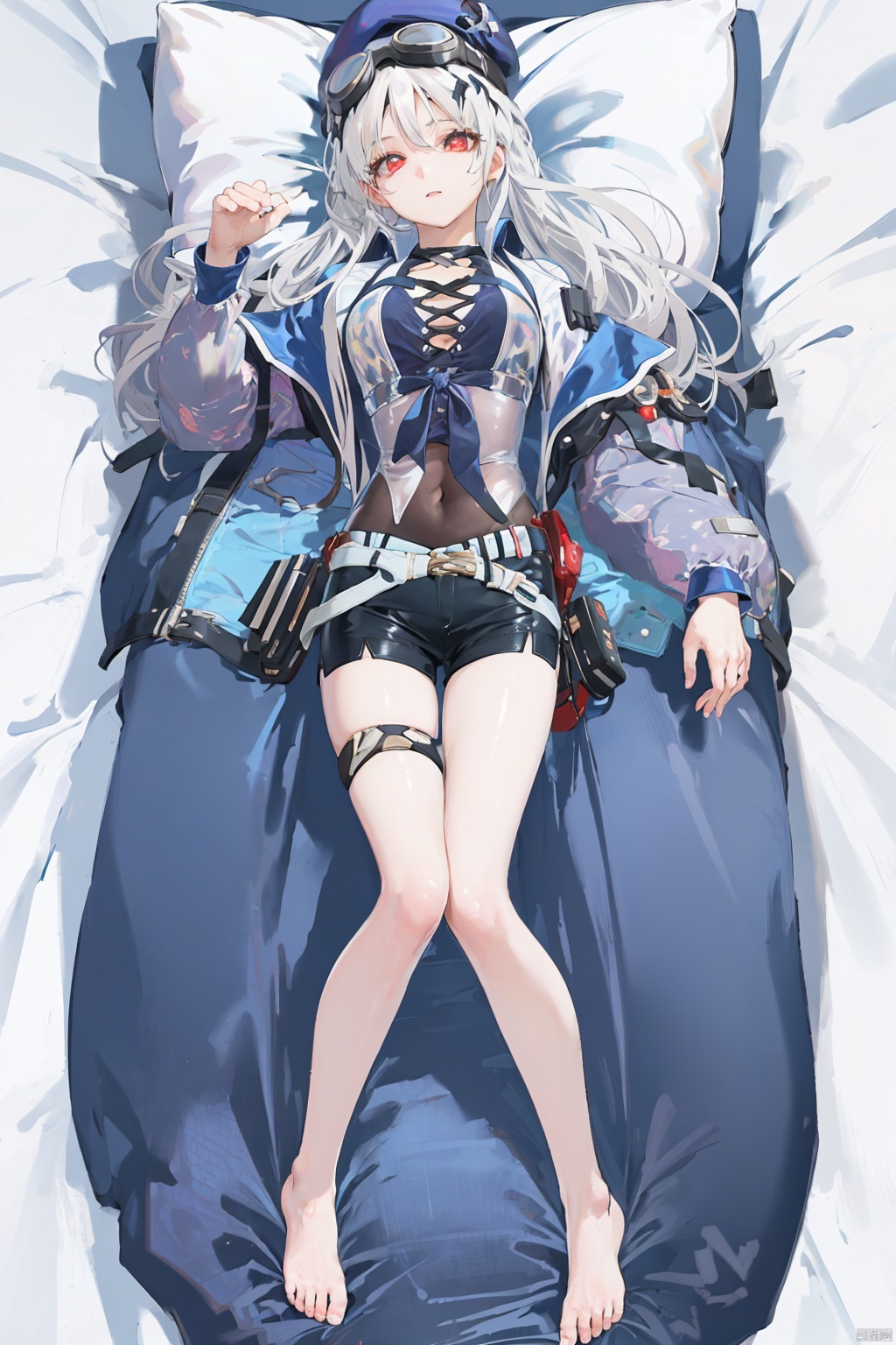  1girl,white hair,long hair,red eyes,(straight bang),(black beret,goggles),white shirt,(lying on bed,under a quilt,pillow),(full body,from above), yingjacket and yingshorts
