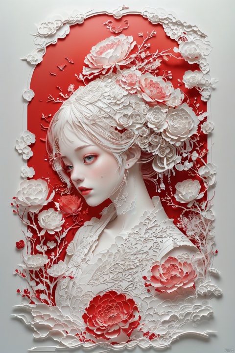 A beautiful girl with flowers in her hair, pink eyes and red lips, holding a rose to cover one of her eyes, with a strong oil painting style, ethereal and beautiful style, featuring James Jean and Ruan Jia's style of kawaii art aesthetics, film lighting, complex details and animation aesthetics For the feature. In the high-resolution close-up, she has gorgeous facial features in highly detailed illustrations as a portrait-style digital art,fdjz