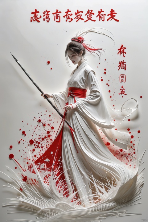  a girl, smwuxia,chinese text,blood, weapon:sw,blood splatter,motion blur,text，full body,hanfu, looking,