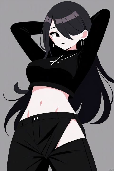  (score_9,score_8_up,score_7_up), uncensored, 1girl, goth girl, solo, long hair, breasts, looking at viewer, black hair, long sleeves, navel, jewelry, earrings, midriff, pants, necklace, hair over one eye, black eyes, arm up, crop top, grey eyes, tattoo, makeup, black pants, cross, arm behind head, gothic