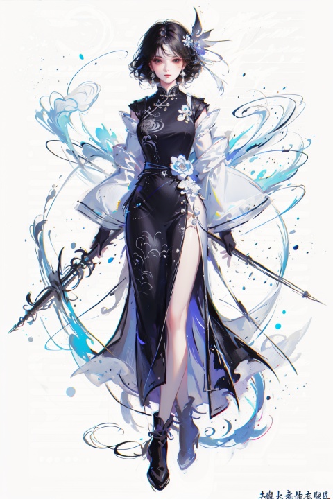 1girl, solo, breasts, looking at viewer, short hair, bangs, black hair, gloves, long sleeves, dress, holding, standing, monochrome, full body, weapon, greyscale, boots, wide sleeves, high heels, tattoo, chinese clothes, crossed legs, china dress, side slit, spot color, dual wielding, chinese text, watson cross