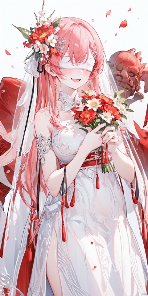  1girl, long hair, full body,solo, veil, flower, closed eyes, dress, smile, wedding dress, hair ornament, petals, dated, ribbon, tears, bouquet, bridal veil, signature, hair flower, red hair, crying, white background, pink hair, upper body, cute girl,Chinese weddingdress, long yedress and white blindfold