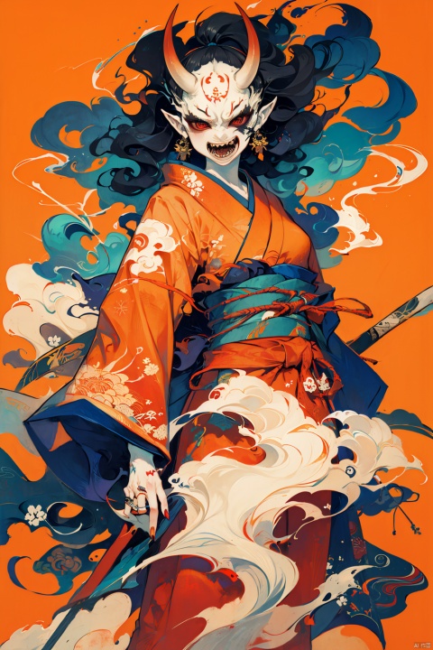 1girl, solo, long hair, looking at viewer, black hair, hair ornament, red eyes, long sleeves, jewelry, standing, weapon, flower, earrings, japanese clothes, horns, teeth, pointy ears, sword, wide sleeves, kimono, fingernails, sash, mask, colored skin, obi, floral print, ring, katana, sharp teeth, sheath, smoke, colored sclera, oni horns, sheathed, oni, orange background, sharp fingernails, red kimono, red skin, oni mask,cmwl