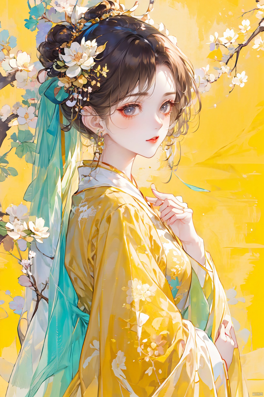  1girl, solo, long hair, looking at viewer, brown hair, black hair, hair ornament, long sleeves, ribbon, jewelry, closed mouth, upper body, flower, earrings, hair flower, from side, chinese clothes, yellow background, branch, yellow theme, shaonv