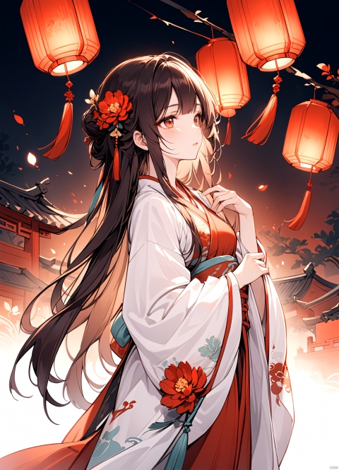 An ancient China girl, dressed in China ancient Hanfu, hung with red, China red and red lanterns, was photographed from the side, all over her body, her hair stuck and her hair flowered.