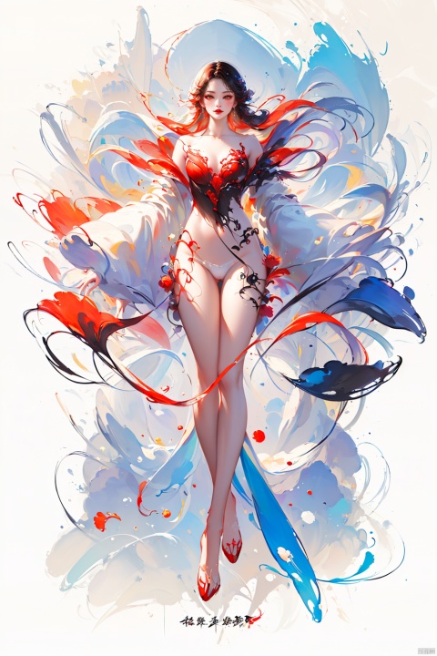  (masterpiece, top quality, best quality, official art, beautiful and aesthetic: 1.2), (1 girl), (full body: 1.3), extreme detailed, (fractal art: 1.3), colorful, break, highest detailed, Red, break, White, break, Yellow, break, Chest, Abdomen, Nine-tailed fox, (whole body: 1.5), WaHaa, bpwc, meiren-red lips, Ink scattering_Chinese style