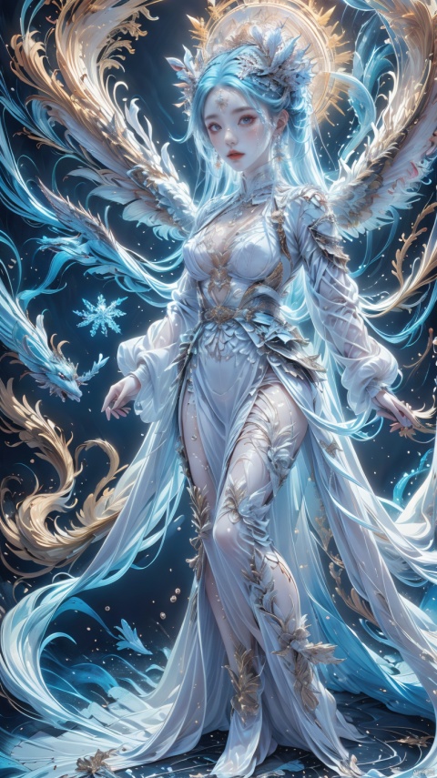  ((best quality)), ((masterpiece)), ((ultra-detailed)), extremely detailed CG, (illustration), ((detailed light)), (an extremely delicate and beautiful), a girl, solo, ((full body,)), ((cute face)), expressionless, (beautiful detailed eyes), blue dragon eyes, (Vertical pupil:1.2), white hair, shiny hair, colored inner hair, (Dragonwings:1.4), [Armor_dress], blue wings, blue_hair ornament, ice adorns hair, depth of field, [ice crystal], (snowflake), [loli], [[[[[Jokul]]]]], white shirt, liuguang, white pantyhose, (tutututu), dofas, xxhanfu_halo_nhhyxx
