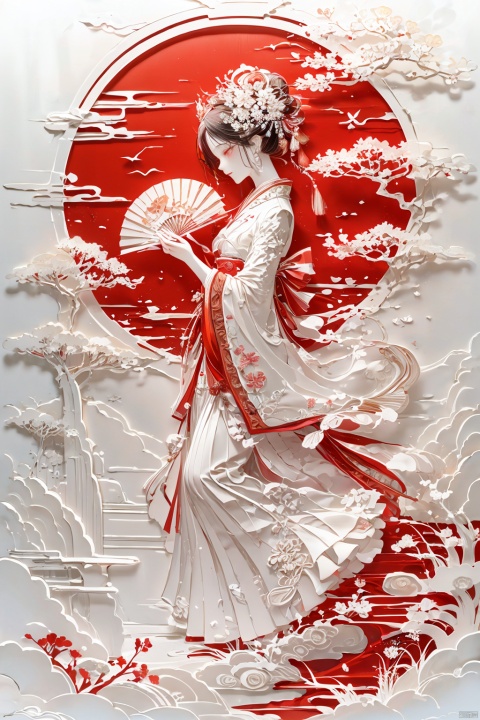 1 girl, Chinese traditional attire, solo, graceful, elegant, detailed facial features, gentle smile, black hair in bun, jade hairpin, phoenix crown, red silk gown, golden dragon embroidery, flowing sleeves, pleated skirt, embroidered shoes, holding folding fan, palace courtyard, cherry blossoms, ancient architecture, stone bridge over pond, koi fish swimming, lanterns hanging, soft sunlight filtering through trees, serene atmosphere, pastel colors, delicate textures, depth of field, cultural heritage, historical setting, artistic lighting, (harmonious composition:1.2), traditional elements, atmospheric perspective.