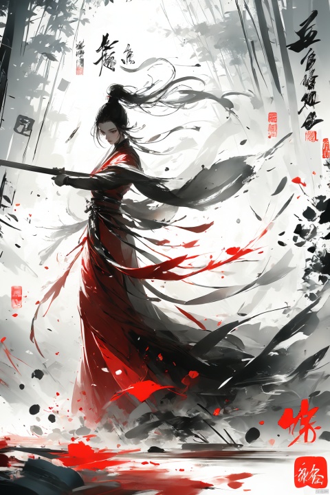  A girl, Chinese style, knight-errant, elegant long skirt, martial arts, red dress,Keywords ink bamboo, bamboo forest,with pieces of ink bamboo behind her, all taken, Ink scattering_Chinese style, Anime, yjmonochrome, smwuxia Chinese text blood weapon:sw,blood splatter motion blur, lotus leaf, yushui, Daofa Rune