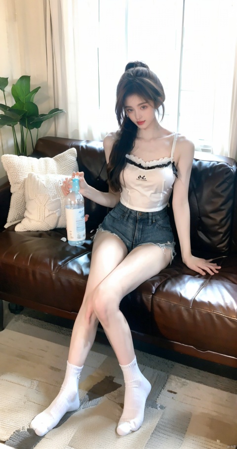  1girl, solo, long hair, brown hair, black hair, holding, sitting, full body, ponytail, shorts, socks, indoors, pillow, short shorts, window, watermark, sunlight, bottle, curtains, white socks, couch, web address, camisole, realistic, drinking, water bottle, jujingyi