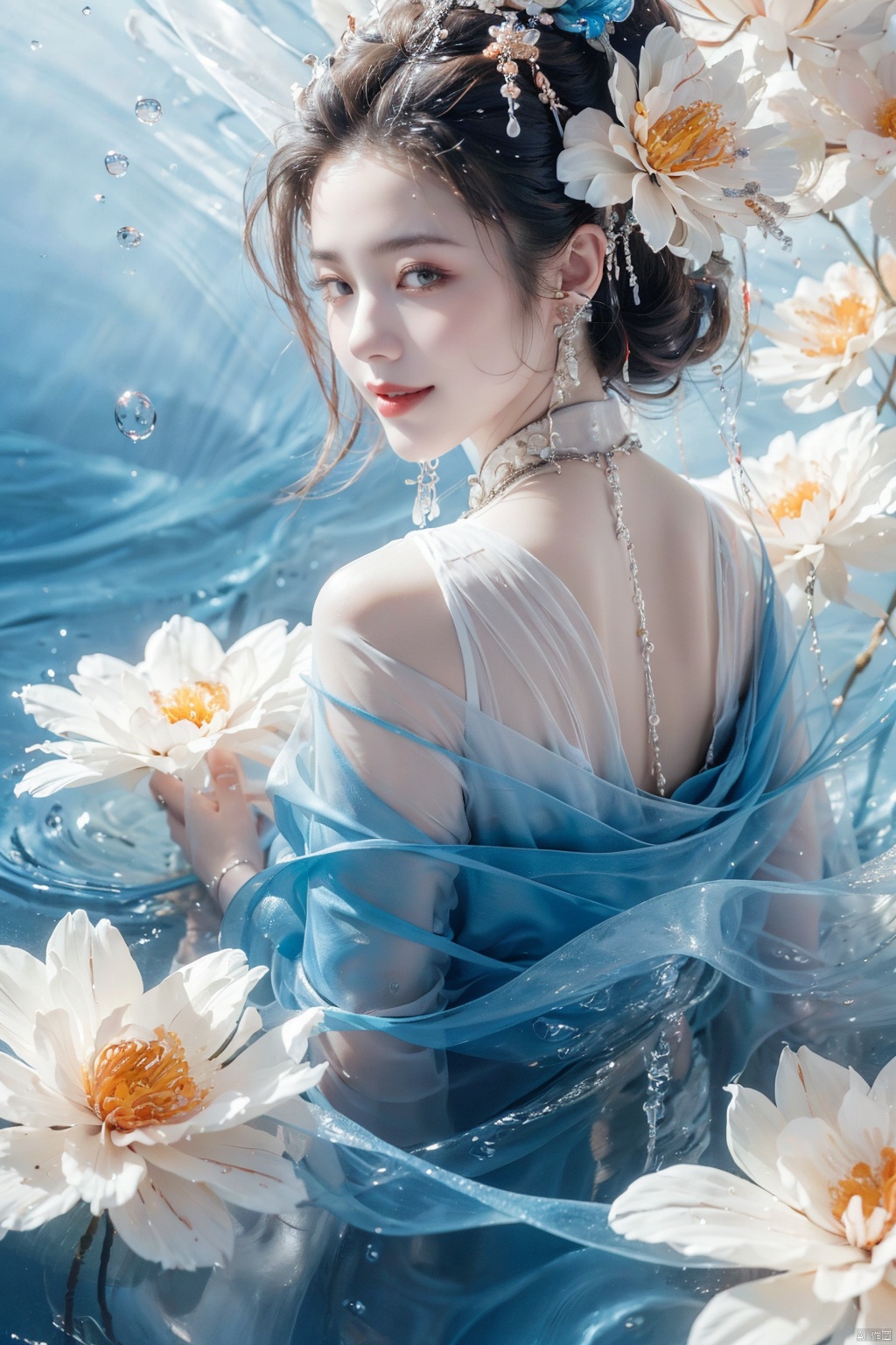  a dreamy and beautiful scene,flower dress,blue seawater,sea level,(there are many flowers on the clothes:1.3),frontlight,ambient_light,light_rays,Smile back, smile back,(Looking back and smiling:1.1)，(chuckles),Water, fair and wet skin,(clarityblue:1.3),sexy,large chest,the girl is lying on the water surface,(a lot of flowers:1.3),ripples,ripple,dark blue,float,bubble,HDR,UHD,8K,best quality,masterpiece,realistic,highres,masterpiece,