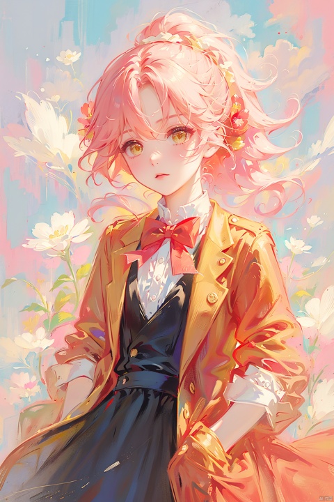 (loli：1.2),(petite:1.2),Pink hair,Yellow eyes, (red Jacket),high ponytail,white collared shirt,hair flower,fipped hair,floating hair,Frown,hands in pockets,black dress,red bowtie,(solo)