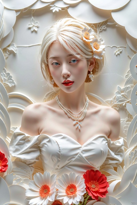  1girl, solo, looking at viewer, short hair, blue eyes, blonde hair, hair ornament, dress, bare shoulders, jewelry, closed mouth, upper body, flower, earrings, hair flower, necklace, off shoulder, white dress, lips, white flower, gem, red lips, jujingyi, fdjz