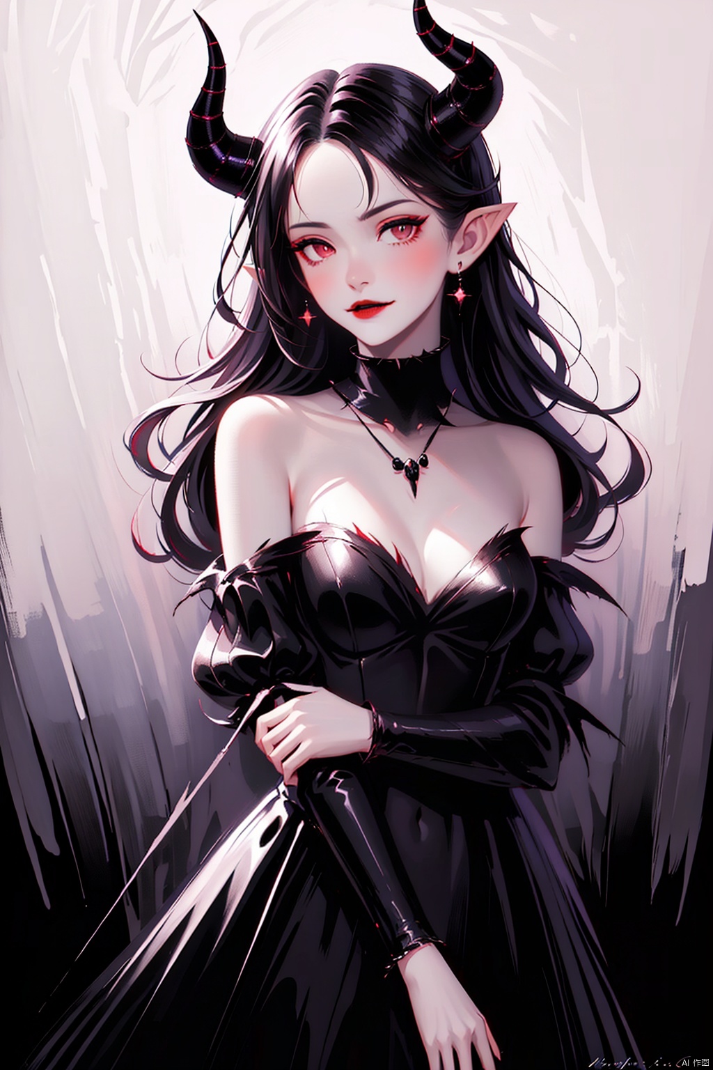  1 girl, demonic features, dark red eyes with glowing pupils, pointed ears, fangs, blood-red lips, pale skin, horns, spiky black hair, torn and tattered black dress, skeletal hands with sharp claws, standing in a dark forest, surrounded by mist, ominous full moon above, sinister atmosphere, gothic architecture in the distance, shadows moving on their own, eerie silence, fearful expression on her face, hint of evil smile, holding a trident, wearing a necklace with a pentacle, detailed texture on skin and clothing, high contrast lighting, unsettling music playing in the background.