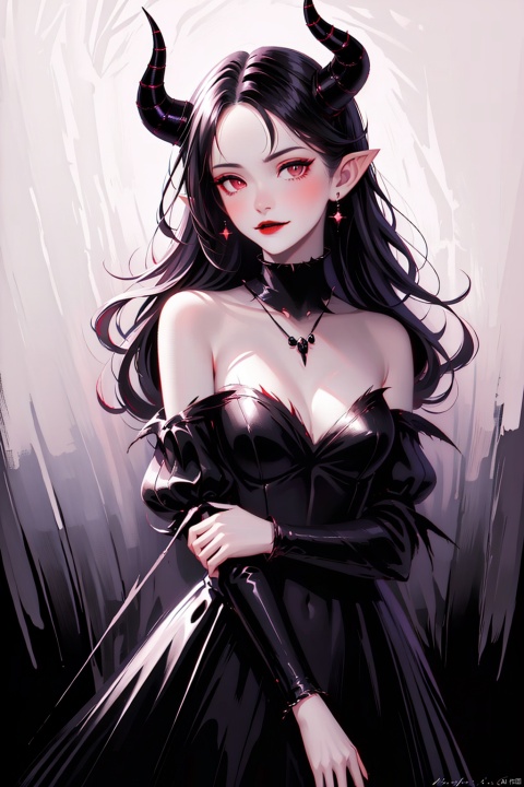 1 girl, demonic features, dark red eyes with glowing pupils, pointed ears, fangs, blood-red lips, pale skin, horns, spiky black hair, torn and tattered black dress, skeletal hands with sharp claws, standing in a dark forest, surrounded by mist, ominous full moon above, sinister atmosphere, gothic architecture in the distance, shadows moving on their own, eerie silence, fearful expression on her face, hint of evil smile, holding a trident, wearing a necklace with a pentacle, detailed texture on skin and clothing, high contrast lighting, unsettling music playing in the background.
