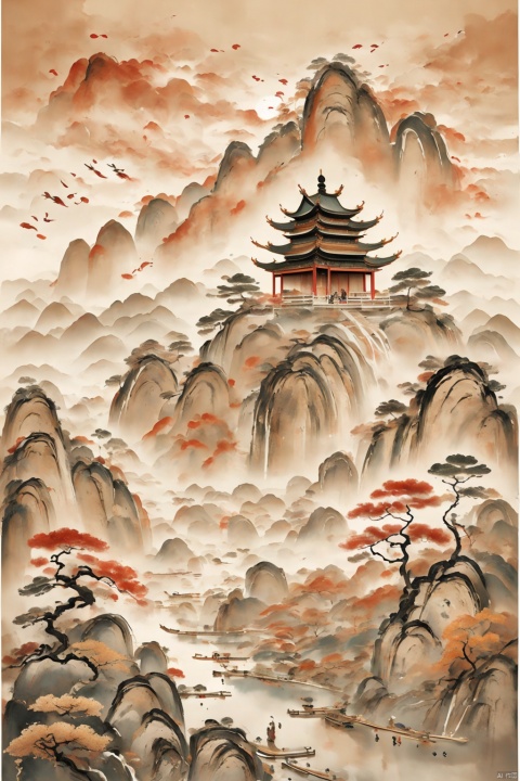 Chinese ancient style, time travel, mystery, illusion, dream back to Dunhuang, flying murals, imagination, grandeur, heavy color, rock color, seeking immortality, distant view, ancient style illustration, classical art, Chinese classical architecture, clouds, soft colors, solo,stunning art, monochrome, Chinese dragons_ink and wash styles_misty clouds_ancient paintings_flames, Chinese ancient paintings