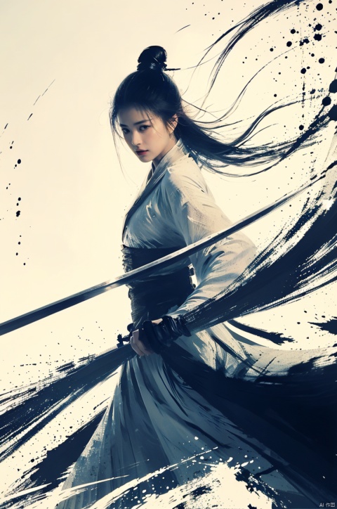  a girl, smwuxia,Chinese text,blood, weapon:sw,blood splatter,motion blur