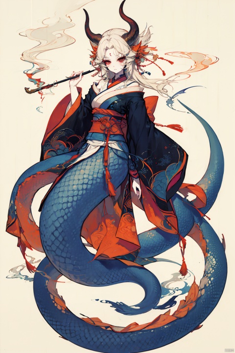 1girl, solo, looking at viewer, hair ornament, red eyes, long sleeves, holding, bare shoulders, tail, full body, japanese clothes, horns, wide sleeves, kimono, off shoulder, sash, obi, monster girl, pale skin, scales, smoking pipe, lamia,cmwl