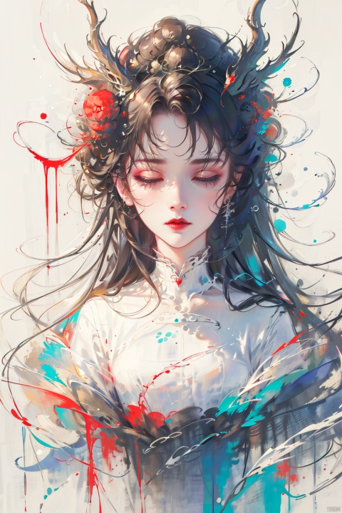  asterpiece, best quality, ultra high res, (extreme detailed), (1 beautiful girl), (abstract art:1.4), bleeding white, visually stunning, beautiful, evocative, emotional, ((white background)), white theme, goddess, cloud, mask, meiren-red lips, bpwc