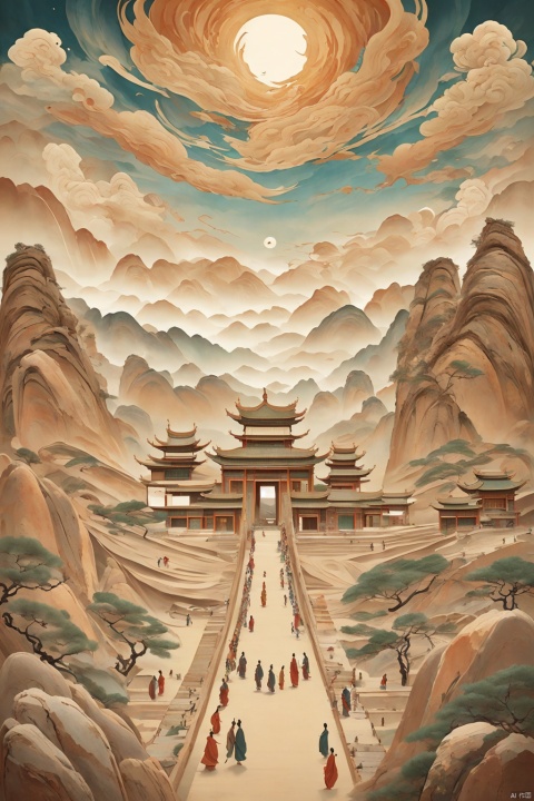 Chinese ancient style, time travel, mystery, illusion, dream back to Dunhuang, flying murals, imagination, grandeur, heavy color, rock color, seeking immortality, distant view, ancient style illustration, classical art, Chinese classical architecture, clouds, soft colors, solo,stunning art,