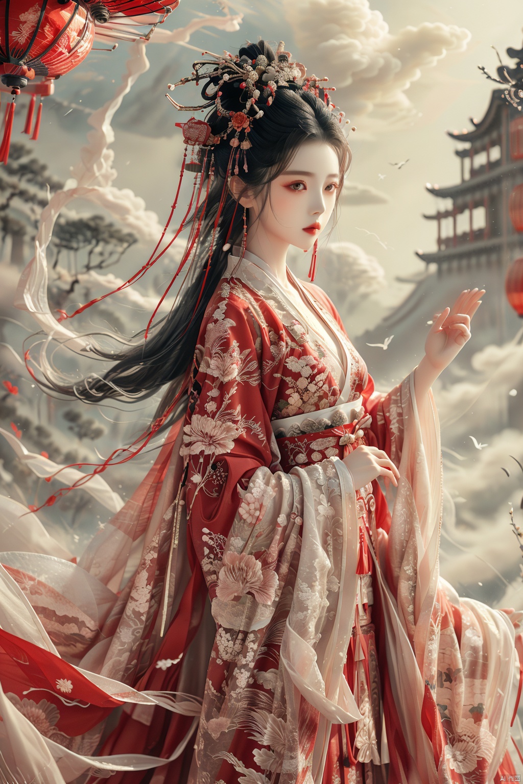  An ancient China girl, dressed in China ancient Hanfu, hung with red, China red and red lanterns, was photographed from the side, all over her body, her hair stuck and her hair flowered., xianjing crane hanfu cloud branch flower, linkedress_red dress