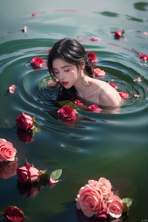  Absurdity, realistic rendering, (masterpiece, best quality), flowers, solo, water, roses, realistic, with eyes closed, blurry, partially submerged, 1 girl, floating, ripple, red flowers, petals, pink flowers, black hair, top-down, (8k, best quality, ultra-high resolution, masterpiece: 1.2),

, 1girl, jujingyi
