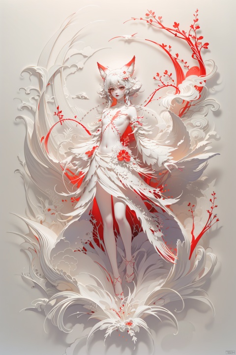  (masterpiece, top quality, best quality, official art, beautiful and aesthetic: 1.2), (1 girl), (full body: 1.3), extreme detailed, (fractal art: 1.3), colorful, break, highest detailed, Red, break, White, break, Yellow, break, Chest, Abdomen, Nine-tailed fox, (whole body: 1.5), WaHaa, bpwc, meiren-red lips,fdjz