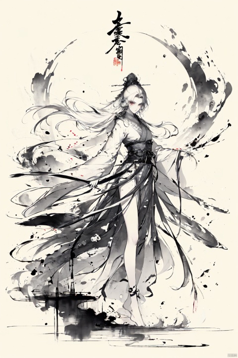  A girl, full-body photo, indoor, Hanfu, long hair fluttering, classical beauty, Chinese style.,Long legs,Show long legs,Golden Hanfu, bright and shining,((white hair)),((Bare legs)),((barefoot)),((Solid color background)),Xiangyun, China Cloud, Ink scattering_Chinese style, smwuxia Chinese text blood weapon:sw
