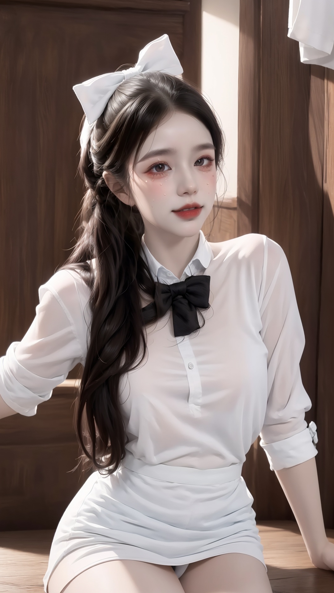  A girl, half-length, exposed thighs, high ponytail hairstyle, long hair, wearing a white shirt, bow tie, black high-waisted pleated skirt, exposed thighs, exquisite facial features, big eyes, exquisite eye makeup,, tears, smiles, and looks at the audience.
( Best Quality: 1.2 ), ( Ultra HD: 1.2 ), ( Ultra-High Resolution: 1.2 ), ( CG Rendering: 1.2 ), Wallpaper, Masterpiece, ( 36K HD: 1.2 ), ( Extra Detail: 1.1 ), Ultra Realistic, ( Detail Realistic Skin Texture: 1.2 ), ( White Skin: 1.2 ), Focus, Realistic Art, white shirt, liuguang