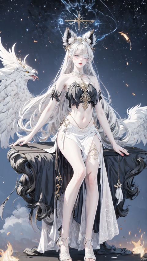  masterpiece, best quality, ((masterpiece)), flat chestbest quality, (highres), solo, flat chest, a girl inside the church with white hair and blue pupil surrounded by (many) glowing (feathers) in cold face, detailed face, night with bright colorful lights whith richly layered clouds and clouded moon in the detailed sky, (a lot of glowing particles),long hair,cool movement, (filigree), delicate and (intricate) hair, ((sliver)) and (broken) body, blue streaked hair, full body, depth of field, sitting on a (blue star), bishoujo,full body,no shoes,foot, Chinese dragons_ink and wash styles_misty clouds_ancient paintings_flames, long yedress and white blindfold