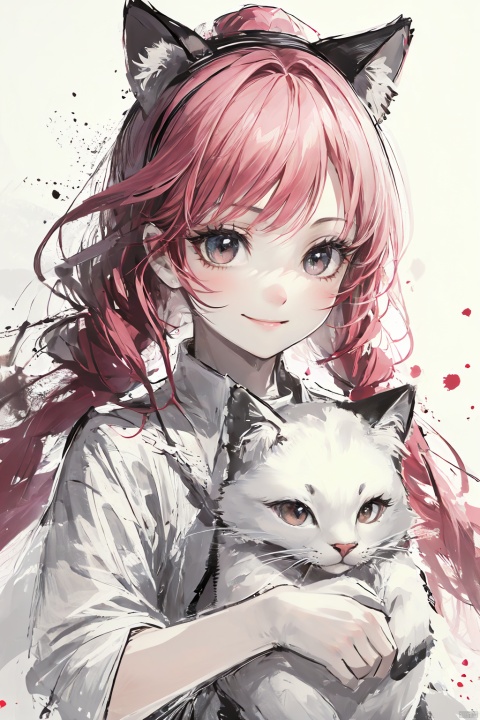 A little girl, holding a big white cat, a child, with pink hair, big eyes, long curly hair, big cat ears, curious eyes, smile, natural light, pink short sleeves, healing, cute, cute, bedroom background, close-up portrait.