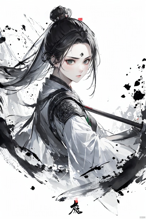  Masterpieces, best picture quality, high detail, 8k resolution, exquisite facial features, perfect face, male, beautiful boy, single, heavy eyebrows, long eyelashes, mighty, shut up, serious, silver hair, high ponytail, (exquisite hair crown dotted with green jade), ((exquisite Hanfu)), (armor), (extreme armor pattern detail description)., Ink scattering_Chinese style, smwuxia Chinese text blood weapon:sw