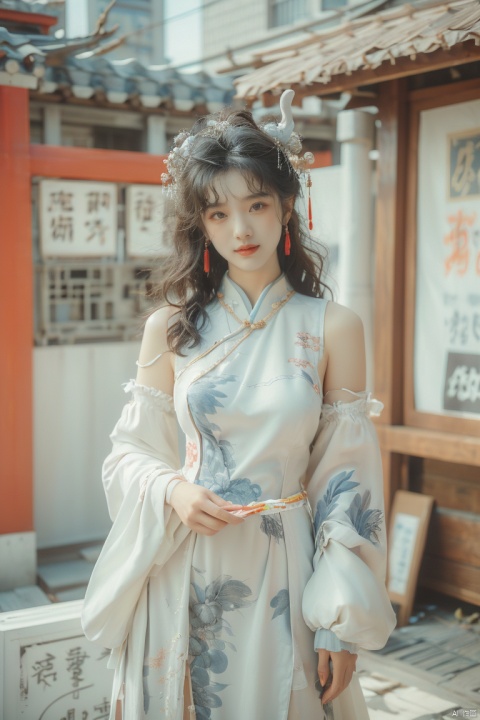  best quality, masterpiece, ultra high res,1girl, gigantic_breasts, looking at viewer,(see-through dress),bare shoulders,dress,qi pao,ancient Chinese street ,Chinese dress,, yosshi film, standing, one girls, chinese_clothes, Chinese costume, street, smiling, holding_wood_box , ganyu (genshin impact), 1girl, jujingyi, drakan_longdress_dragon crown_headdress, 80sDBA style
