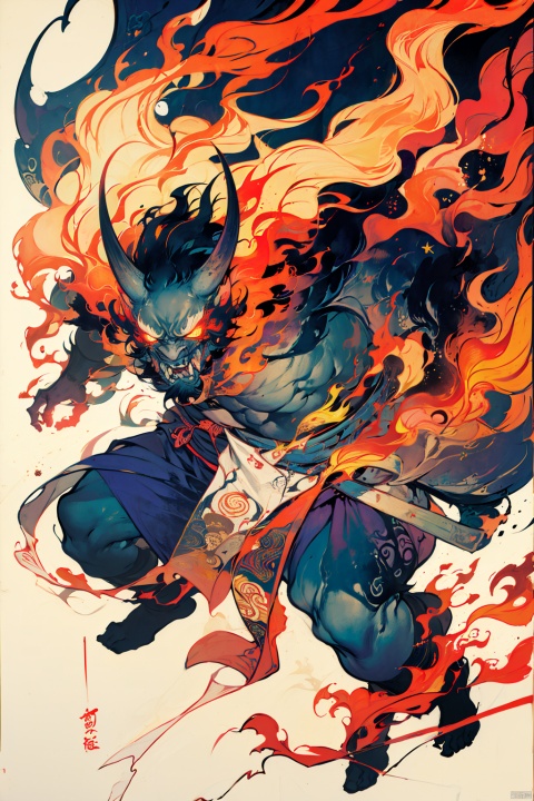 solo, long hair, open mouth, red eyes, 1boy, full body, male focus, horns, teeth, glowing, colored skin, fangs, fire, sharp teeth, glowing eyes, pelvic curtain, colored sclera, oni horns, oni, loincloth, demon, traditional youkai,cmwl