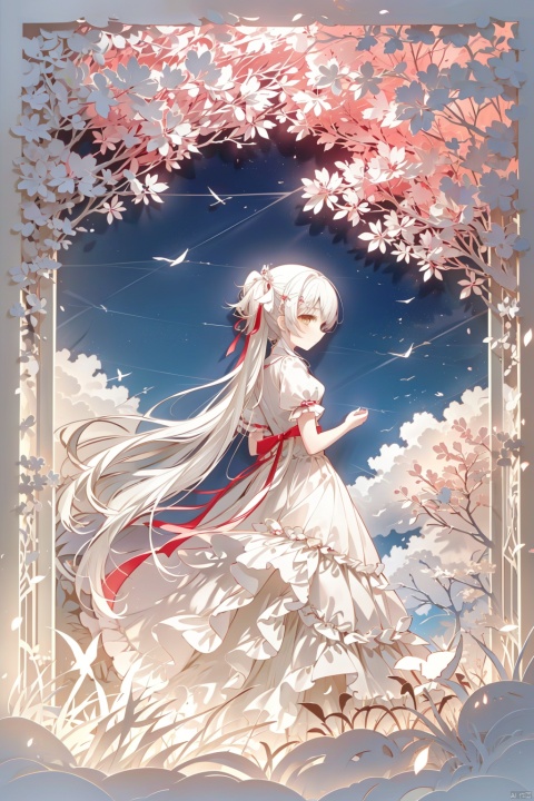  masterpiece,best quality,high quality,loli,1girl, solo, long hair, looking at viewer, blush, bangs, thighhighs, dress, ribbon, brown eyes, very long hair, closed mouth, standing, full body, yellow eyes, white hair, short sleeves, outdoors, sky,no shoes, day, puffy sleeves, looking back, cloud, from behind, white dress, white thighhighs, red ribbon, tree, blue sky, puffy short sleeves, petals, cherry blossoms, skirt hold, fdjz