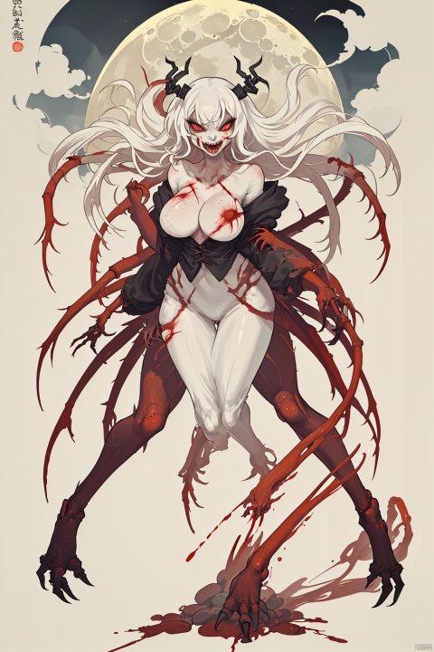 Spider spirit, a girl, full body,long legs, Breasts,a monster, cmwl,Long white hair, red eyes, big eyes, fangs, open mouth, maw, fierce, blood.Stand, long legs. moon