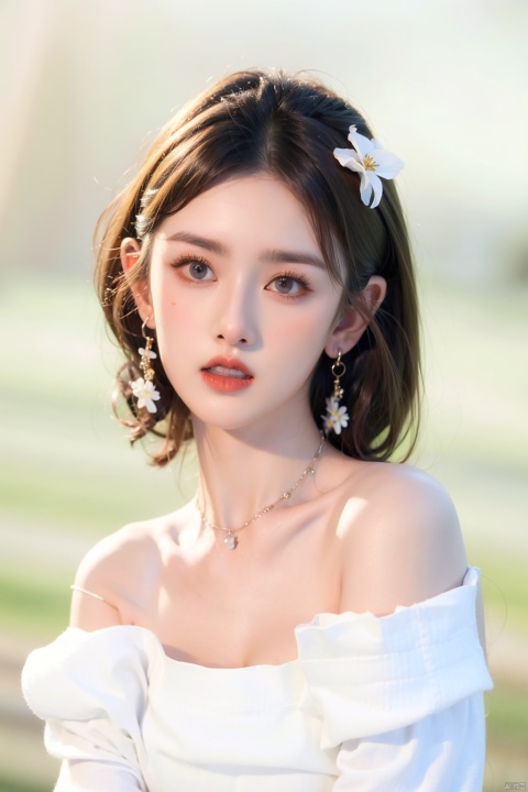  1girl, solo, looking at viewer, short hair, blue eyes, blonde hair, hair ornament, dress, bare shoulders, jewelry, closed mouth, upper body, flower, earrings, hair flower, necklace, off shoulder, white dress, lips, white flower, gem, red lips,