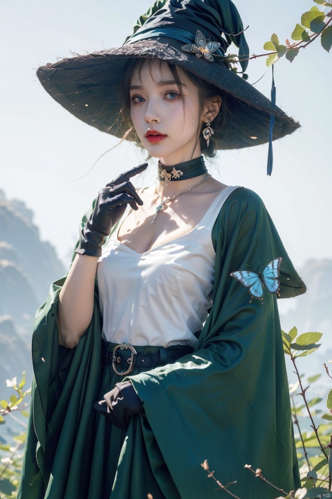  1girl, blue_eyes, dress, gloves, butterfly, bug, hat, solo, long_hair, witch_hat, breasts, blue_dress, blue_butterfly, white_hair, looking_at_viewer, cleavage, jewelry, necklace, black_gloves, holding, blue_headwear, bangs, medium_breasts, witch, flower, choker, lantern, guoflinke