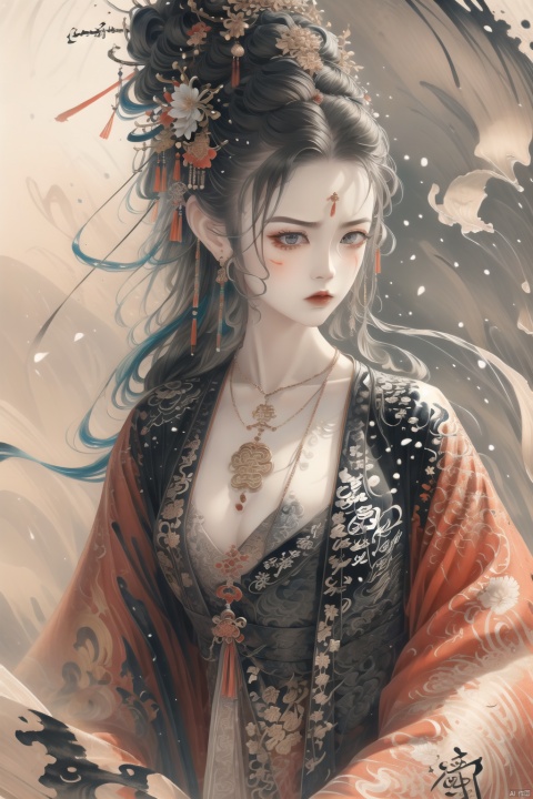  (dramatic, gritty, intense:1.4),masterpiece, best quality,8k, insane details,hyper quality,ultra detailed, Masterpiece,(calligraphy:1.4),(ether colorful ink flowing:1.3),1girl,A shot with tension,white hair,exposed collarbone,sideways,Simple background, Ink scattering_Chinese style,yjmonochrome,Ink and wash style, fenhong, 1girl, Gothic, lotus leaf, Ultra-detail green Chinese dragon, linkedress_red dress