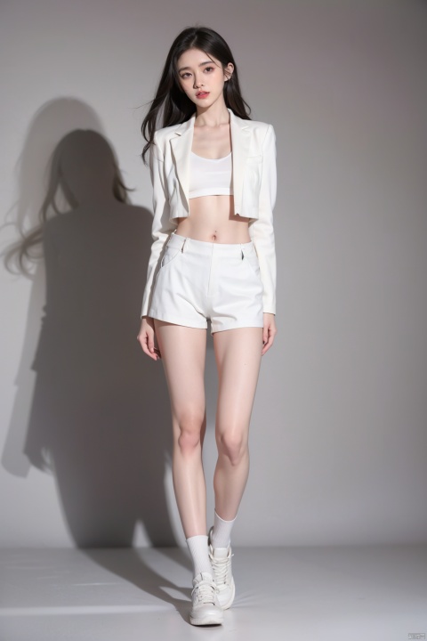  A girl, full body photo, long legs, indoor, (Pure gray background: 1.1),.Keywords studio, sunlight, realism, artistic atmosphere, artistic photo,full body,long legs,White suspender, black laser suit jacket, micro-curly long hair, revealing belly, revealing navel, black high waist shorts, hip-wrapped shorts, white shoes.Gaze at the audience