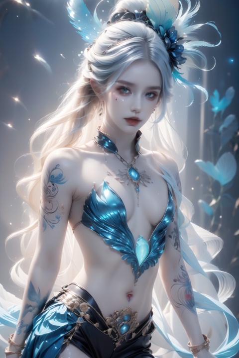  (extreamly delicate and beautiful:1.2), 8K, (tmasterpiece, best:1.2), (MALE:1.5) masterpiece, best quality, (detailed:1.3) halfnaked body with pale skin and (long_white_hair:1.4). All of his pale skin there are (blue_glowing_tattoes:1.5), on face, on body. (MAGICAL_BIOLUMINESCENT_TATTOOES:1.5) Naked upper body, paleblue colour dominating, cloudy night, sharp focus, highly detailed, Magical Fantasy style,GlowingRunesAI_blue,,bioluminescent fbpz body paint,Eren_jaeger_face,4rmorbre4k,GlowingRunesAI_blue