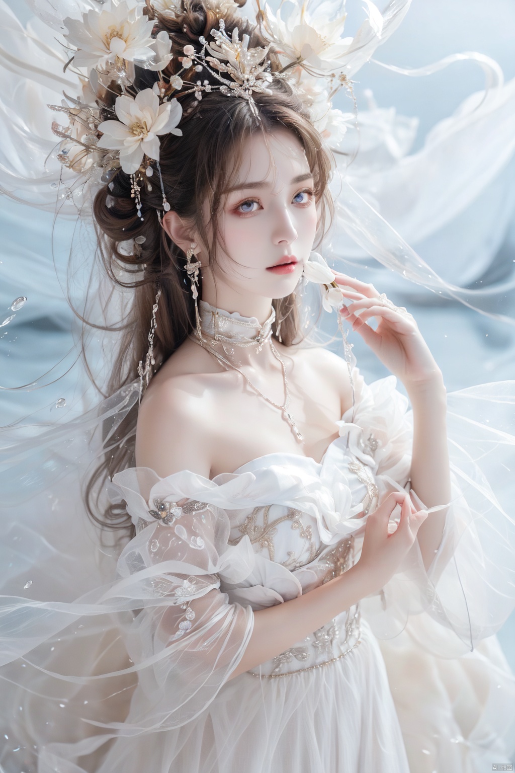  1girl, solo, dress, long_hair, white_dress, flower, bare_shoulders, looking_at_viewer, blue_eyes, blue_flower, short_sleeves, bangs, holding_flower, holding, strapless_dress, water, breasts, hands_up, very_long_hair, hair_between_eyes, frilled_dress, strapless, white_hair, frills, detached_sleeves, puffy_sleeves, white_choker, puffy_short_sleeves, choker, covering_mouth, water_drop, collarbone, off_shoulder, off-shoulder_dress