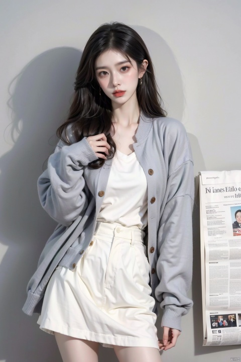  1girl, solo, long hair, looking at viewer, skirt, shirt, standing, jacket, blue shirt, light blue hair, newspaper, newspaper wall, lips, wall, gray wall, newspaper are covered with walls, put one hand in pocket, body close to the wall, sleeves past wrists, grey eyes, red lips, mjuanlian, (/qingning/), (\ji jian\), (/qingning/), babata, (\shen ming shao nv\), mtianmei