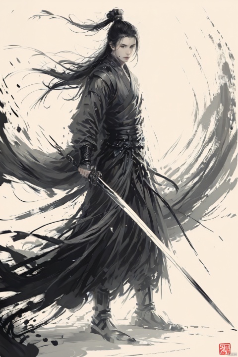  a boy,long hair,black hair,full body,smwuxia,Chinese text,blood splatter,weapon:sw,blood