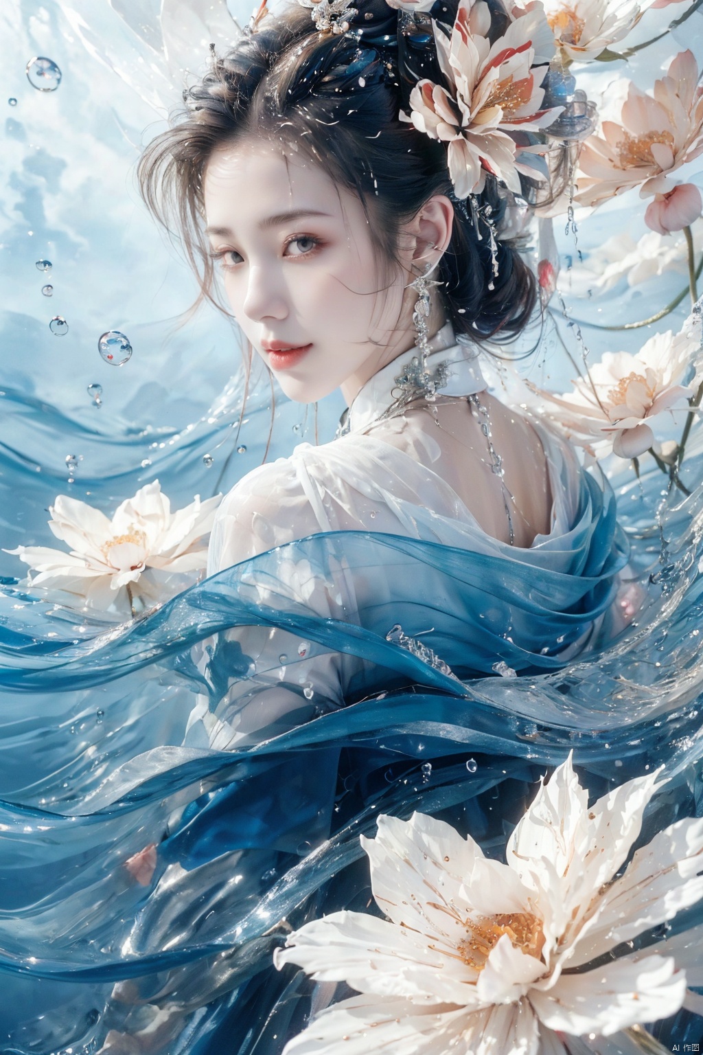  a dreamy and beautiful scene,flower dress,blue seawater,sea level,(there are many flowers on the clothes:1.3),frontlight,ambient_light,light_rays,Smile back, smile back,Water, fair and wet skin,(clarityblue:1.3),sexy,large chest,the girl is lying on the water surface,(a lot of flowers:1.3),ripples,ripple,dark blue,float,bubble,HDR,UHD,8K,best quality,masterpiece,realistic,highres,masterpiece,