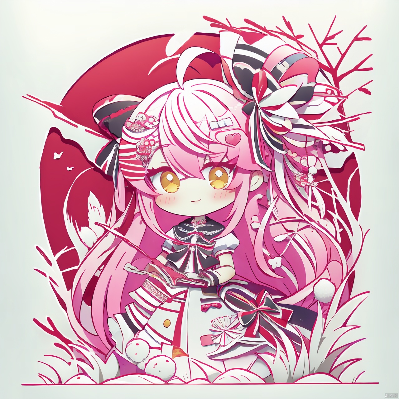  QB,chibi,1girl, solo, 1girl, pink hair, long hair, hair ornament, gloves, looking at viewer, bandaid, virtual youtuber, black gloves, x hair ornament, bangs, dress, yellow eyes, own hands together, ribbon, hair between eyes, hair ribbon, indoors, two side up, smile, fingerless gloves, pom pom hair ornament, blush, black dress, short sleeves, black ribbon, parted lips, own hands clasped, shirt, heart, ahoge,fdjz