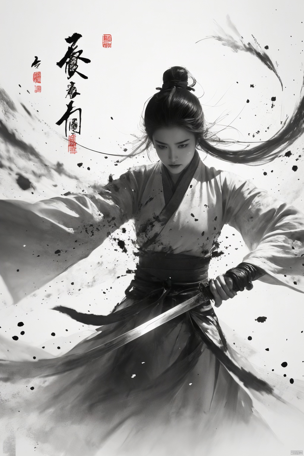  a girl, smwuxia,chinese text,blood, weapon:sw,blood splatter,motion blur,text, Daofa Rune, Ink scattering_Chinese style