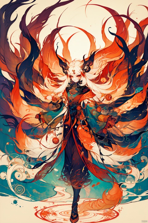 A girl, five eyes, extra hands, standing, nine-tailed fox, cmwl