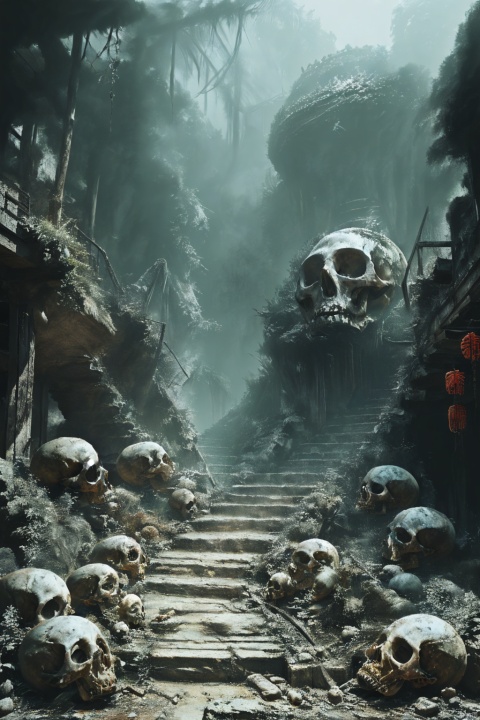  yijilinke,ruins,stairs,skull, Ink scattering_Chinese style