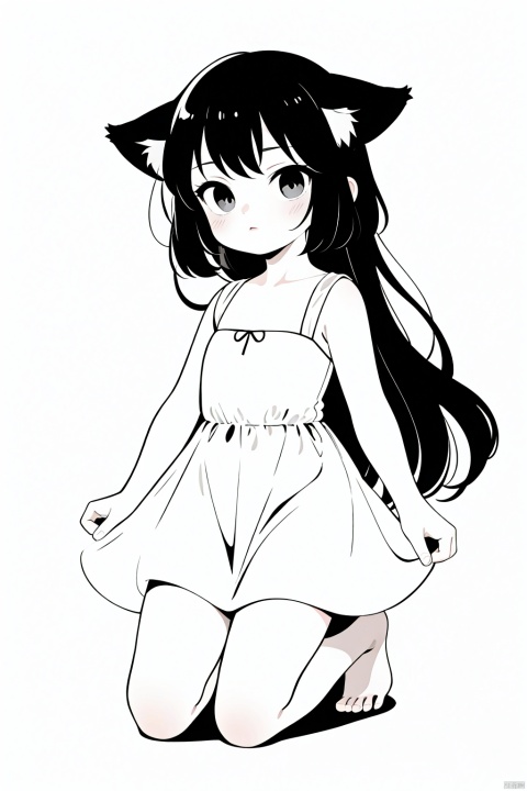 A lovely Lori, (loli:1.4),animal ears, kneeling on the ground, small skirt, simple lines, black and white color, (white background:1.3), long hair, bare foot,white dress, jjmx